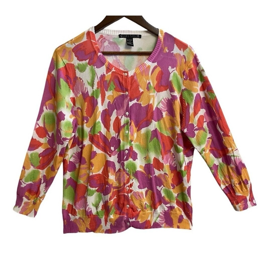 Scott Taylor Floral Cardigan Sweater Womens L Multi-Color Button Long Sleeve